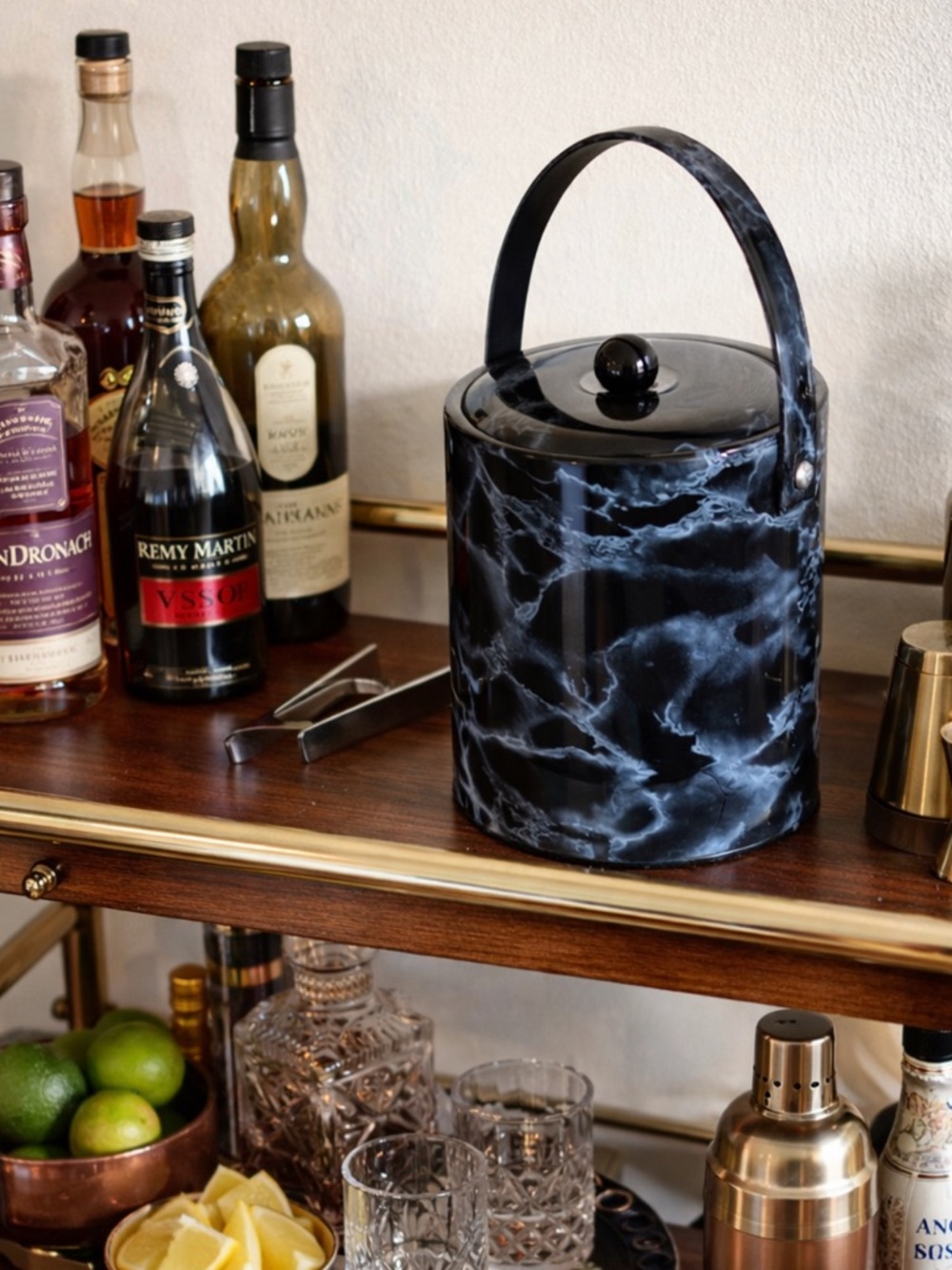 Vintage Black MARBLE ICE BUCKET